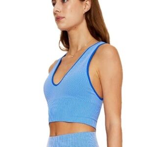 Cream Yoga Summer Contrast Ribbed V Neck Royal Blue Sport Bra Top Size XS/S